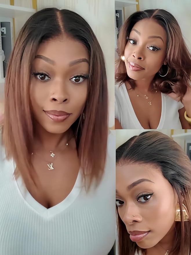Julia Hair 14 Inch Chestnut Brown Ombre Yaki Straight Bob Wig Glueless Pre Cut 13X4 HD Lace Front Wig Human Hair with Dark Roots Pre Bleached Pre-Plucked with Ear Tape Ready to Go Short Yaki Wig