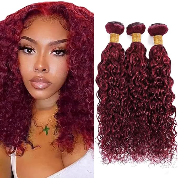 Red Bundles Human Hair Freiuoke 99J Water Wave 3 Bundles 14 16 18 Inch Burgundy Wet and Wavy Bundle Hair Extensions 150g