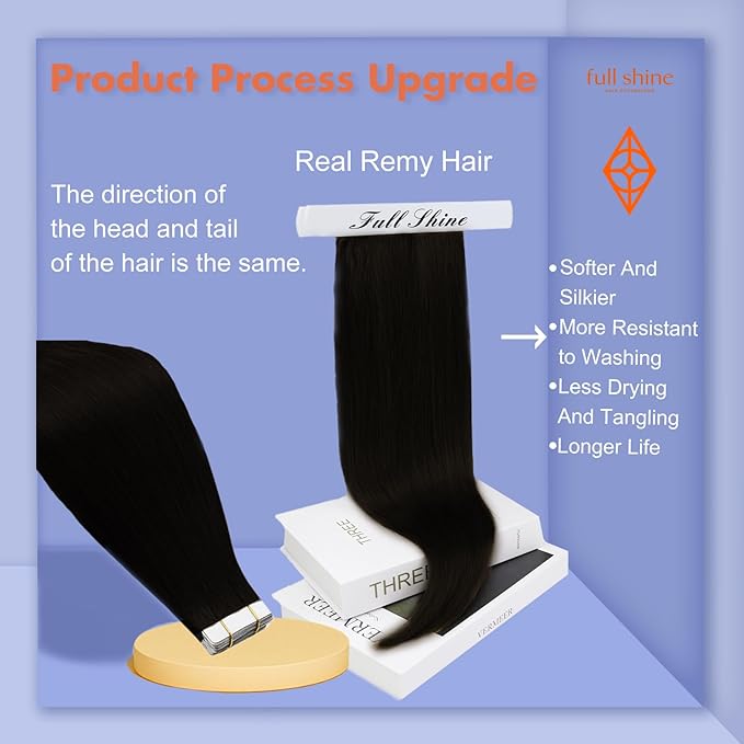 Full Shine Seamless Tape in Real Hair Extensions Color 1 Jet Black Double Sided Tape in Hair Extensions Human Hair 12Inch Short Remy Extension Cut Layered Style 30G 20Pcs Adhesive Tapes ins Thick End
