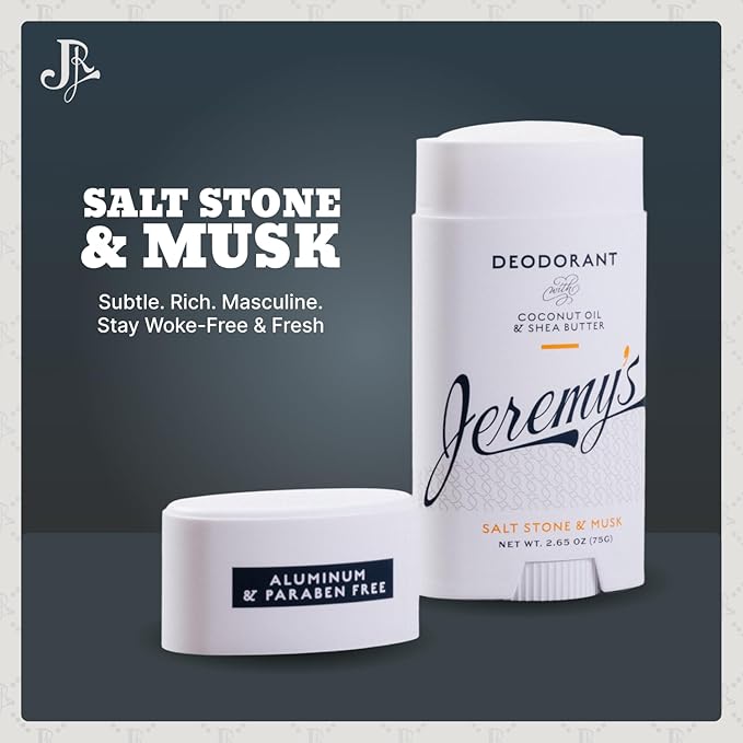 Jeremy's Razors Men's Natural Deodorant - Aluminum Free, Paraben Free, Baking Soda Free Body Deodorant Stick, With Coconut Oil & Shea Butter, Salt Stone & Musk Scent (Made in USA, 2.65 Oz, 2 Pack)