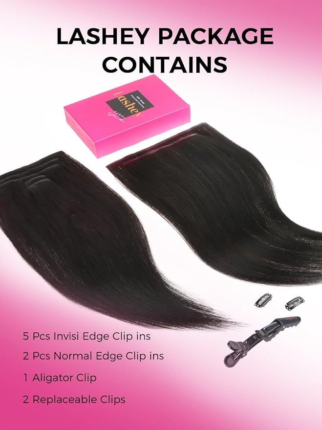 Lashey Invisi Edge & Seamless Clip in Hair Extensions Human Hair, 16 Inch 110g 7pcs(5pcs Invisi Edge& 2pcs Seamless) Real Virgin Human Hair Extensions, Natural Black Yaki Straight Hair