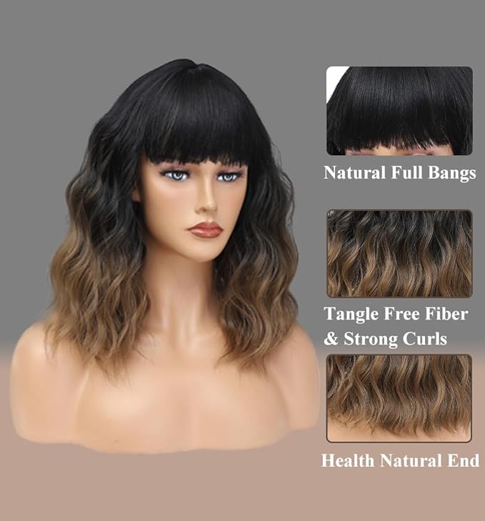 WAVE&BREEZE Short Brown Wigs with Bangs 14Inch Ombre Brown Curly Bob Wig for Women Shoulder Length Natural Looking Hair Replacement Wig for Daily Party Use Cosplay Costume Halloween Wig