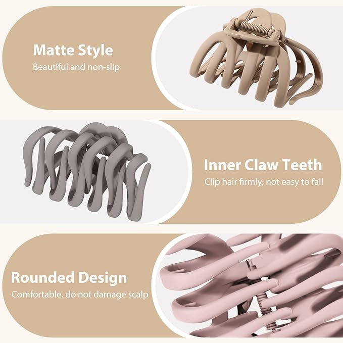 Shinowa 4 Pack Hair Claw Clips, Large Hair Clips Set for Thick Hair, 4 Neutral Colors Octopus Thick Hair Claws for Women, Non-slip Claws Jaw Clips Set Strong Hold for Girls Long Hair, Set C