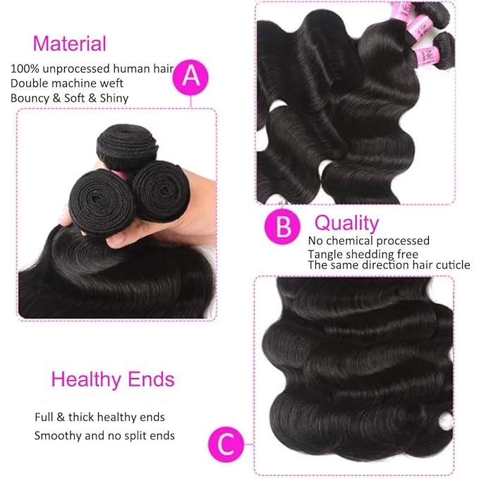 UNice Hair Icenu Series Hair 3 bundles 100% Real Unprocessed brazilian virgin Human Hair Body Wave Hair Extensions natural color (10 10 12)