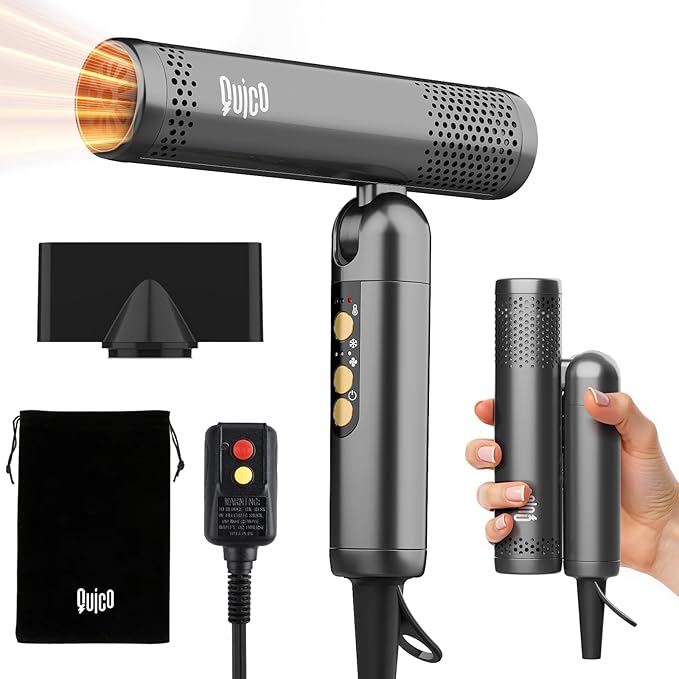 Quico Travel Hair Dryer with Dual Voltage, 120000 RPM Fast Drying Hair Dryers for Women with 500 Million Negative Ions, Thermo-Control Compact Hair Blow Dryer with Cold, 3 Heat & 3 Speed Settings