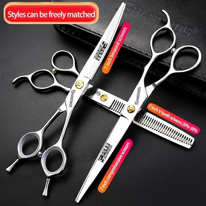 6/6.5/7 Inch Black Hairdressing Scissors Salon Hairdressing Tool 440c High Hardness Stainless Steel Haircut Hair Thinning Hairdressing Scissors (7 Inch / 3 Pieces B)