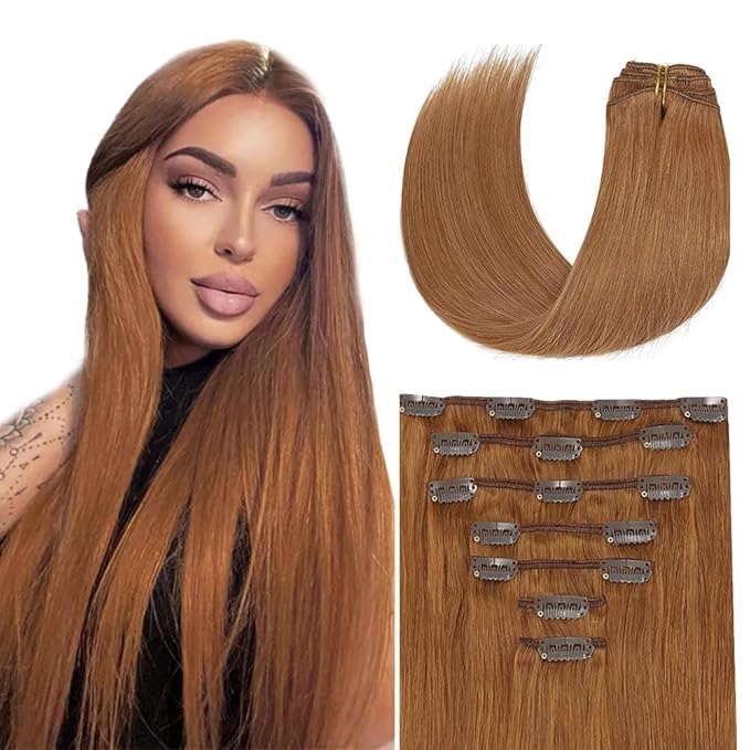 26 Inch #30 Brown Clip in Hair Extensions - Real Remy Human Hair, 120g 7pcs, Brown Human Hair Extensions Clip ins for Women