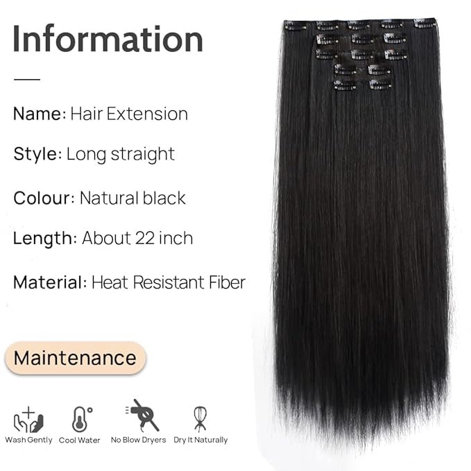 Natural Black Clip in Extensions Straight 22" Long Synthetic Thick Clips on Hair Piece for Women 5PCS Black Curly Wavy 18" Cheap Brown Red White Soft Full Head Weddings Party Daily Use 5 Oz