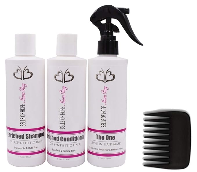 Mara Ray Luxury Enriched Hair Care Kit for Synthetic Hair Wigs, Extensions, Toupees with Wide Tooth Comb (4pc 8oz Detangler Bundle)