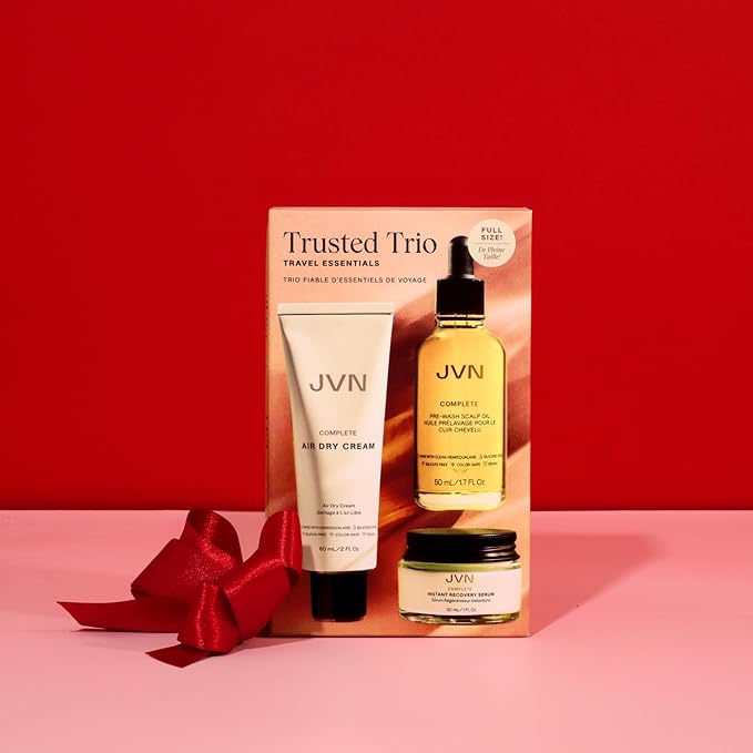 JVN Trusted Trio Travel Essentials Hair Products, Pack of 3, Includes Air Dry Cream, Instant Recovery Serum, and Pre-Wash Scalp Oil, Hair Care for Women and Men, Silicone Free