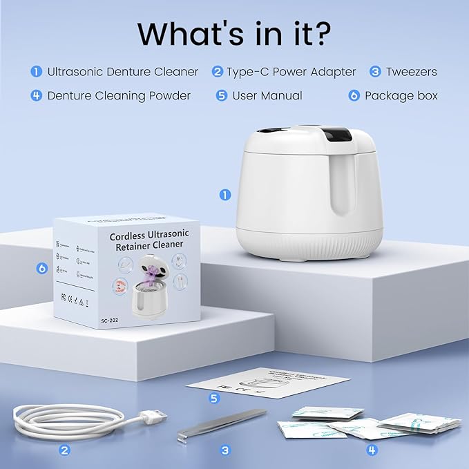 MEKO Cordless Ultrasonic Retainer Cleaner Machine, 48kHZ Rechargeable Denture Cleaner with 4000mAh Battery, IPX5 Waterproof Dental Pod for Aligner, Braces, Jewelry, Toothbrush Head-White