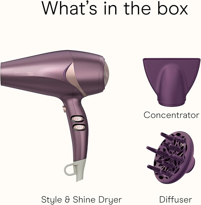 Infiniti PRO CONAIR Style & Shine Hair Dryer with Diffuser and Concentrator, 1875W Style & Shine Blow Dryer with Tourmaline and Ionic Conditioning to Fight Frizz, 3 Heat & 2 Speed Settings, Purple