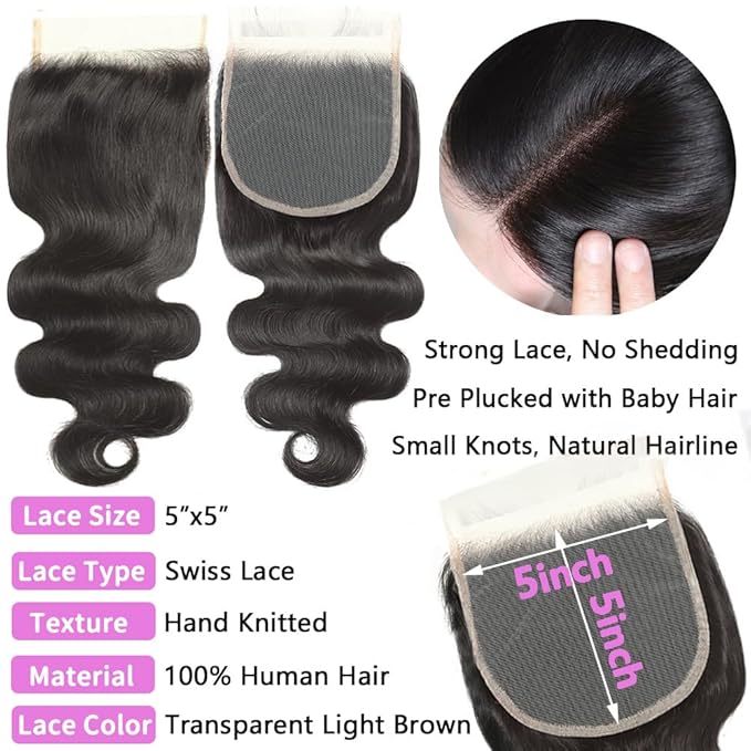 12A Body Wave Human Hair Bundles with Closure (16 18 20 +14,Free Part) Closure with 3 Bundles Brazilian Virgin Hair Extensions with Pre Plucked with Baby Hair 5X5 HD Lace Closure Natural Black Color
