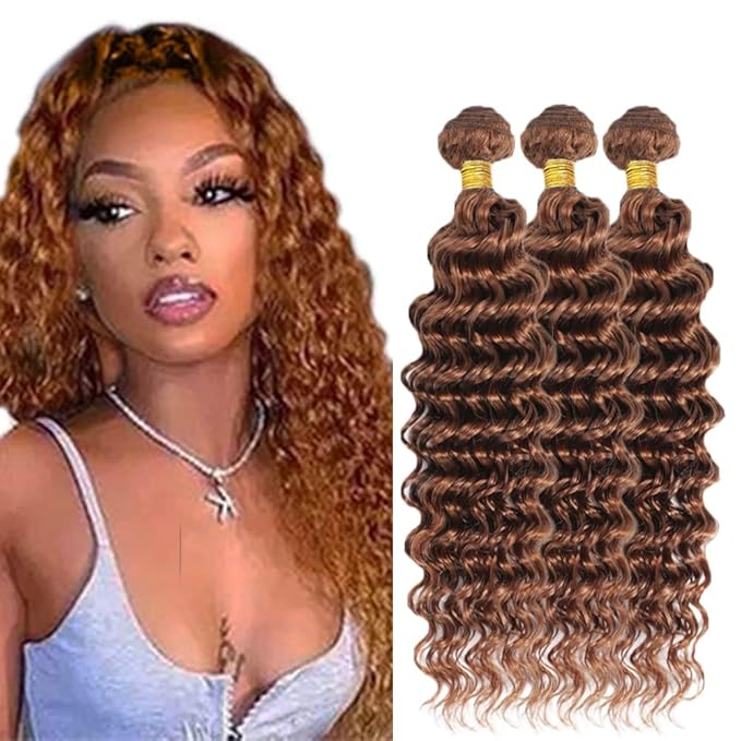 28 30 32 Inch Brown Bundles Human Hair #30 Dark Brown Deep Wave 3 Bundle Unprocessed Brazilian virgin hair Weave Extensions Double Weft 50 Grams/Bundle Colored Brown Bundles for Woman