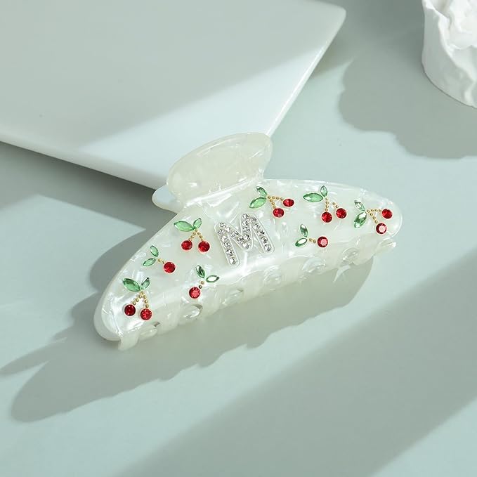 LILIE&WHITE Christmas Gift Acrylic Cherry Letter Hair Clips For Women With RhinestonesInitial Hair Claws For Thick Hairs Trendy Monogram Large Clips Fashion Big Claw Clip Jewelry Gift Alphabet M
