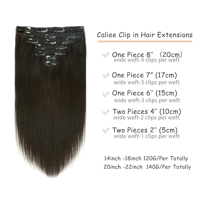 Caliee 14 Inch Clip in Hair Extensions Human Hair Color 1B Natural Black Double Weft Real Hair Extensions Clip in Thick Straight Soft Invisible 120 G 7 PCS