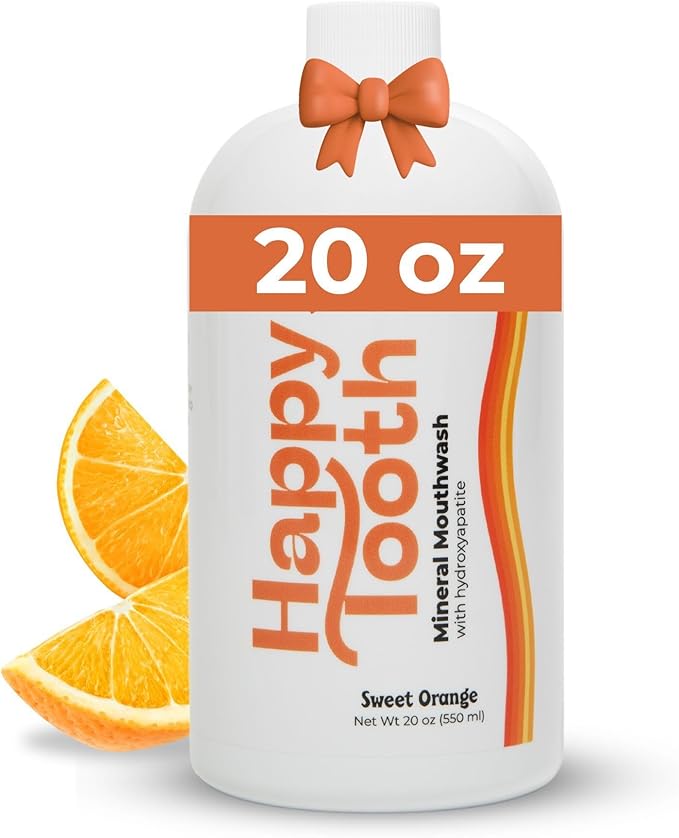 Happy Tooth Hydroxyapatite Mouthwash, Fluoride Free, Teeth Whitening, Remineralizing for Enamel Strength, Fresh Breath, Oral Microbiome Support, Dentist Formulated, Gentle Care, Sweet Orange, 20 Fl Oz