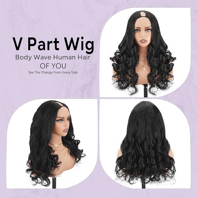 V Part Wigs Human Hair Body Wave 30 Inch Upgrade Glueless U Part Wigs With Drawstring 200% Density No Leave Out No Sew In V Shape Half Wig For Women Beginner Friendly Natural Black