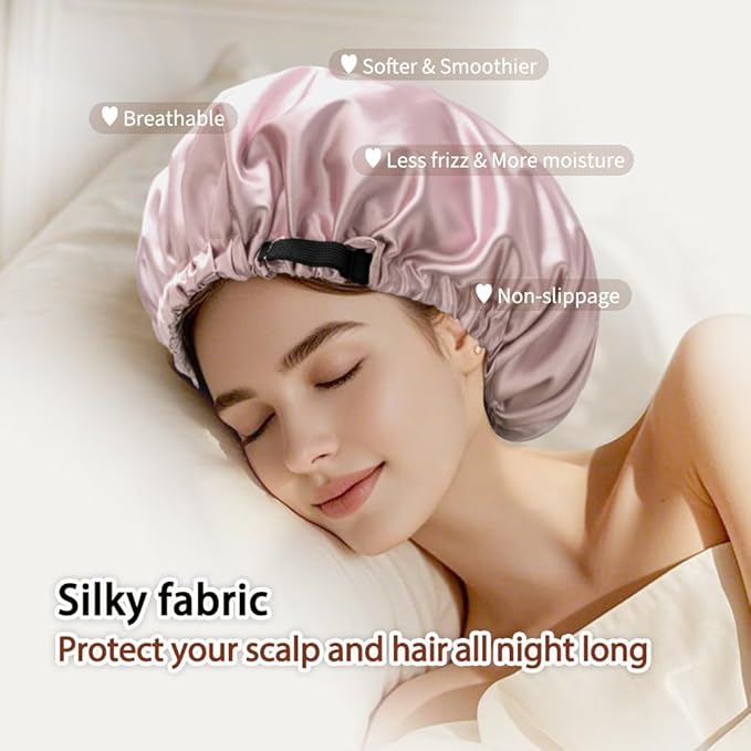 Large Microfiber Hair Towel Wrap & Satin Bonnet Set for Women, Ultra Absorbent Turban 24x42 Inches & Adjustable Night Cap for Curly Hair, Prevents Frizz & Breakage, Stocking Stuffers