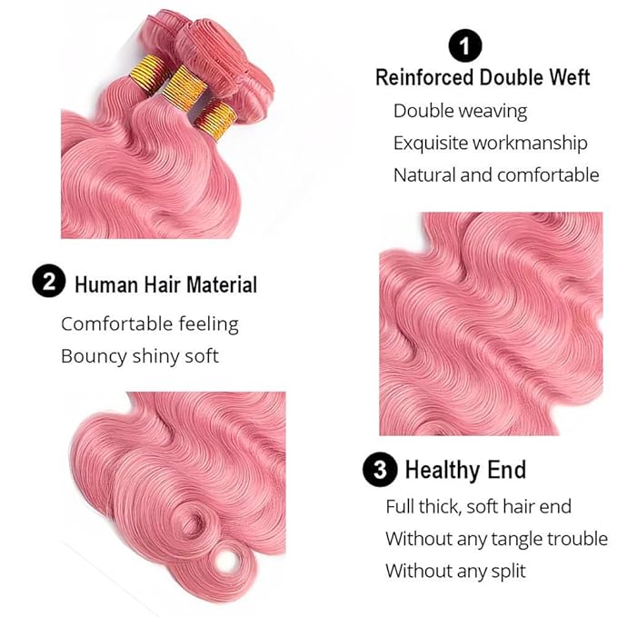 Pink Human Hair Bundles Light Pink Body Wave Bundles Peruvian Grade 8A Virgin Remy Hair Extensions 24 26 28 Inch Double Weft Hair Weave