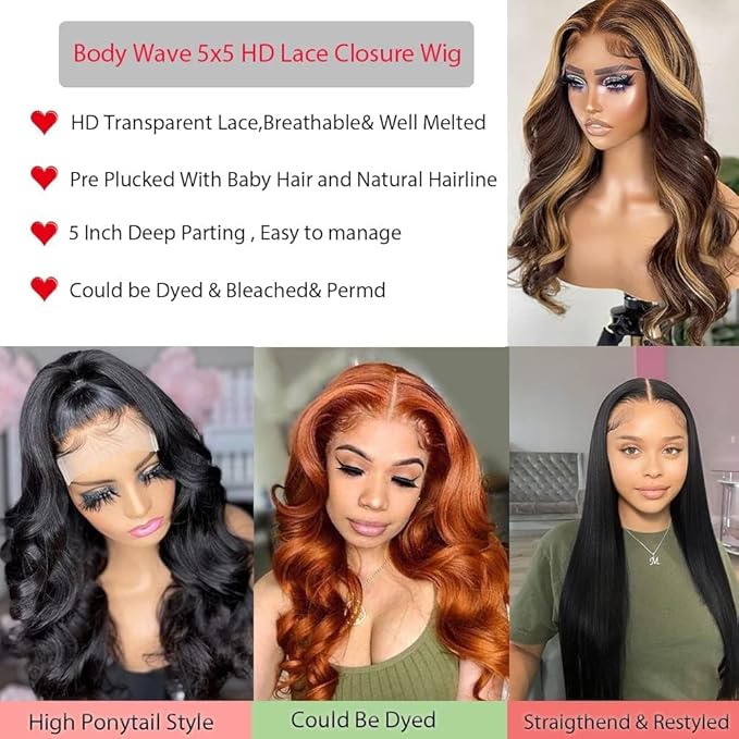 32 Inch 5x5 HD Lace Closure Wigs Human Hair Body Wave Lace Front Wigs Human Hair Pre Plucked 180% Density Glueless Wigs Human Hair Wig Closure Wig for Women