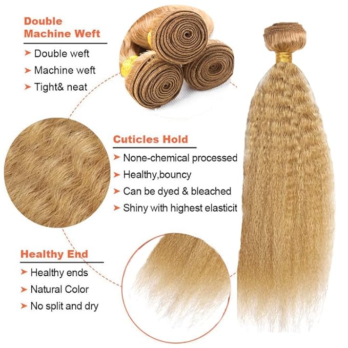 27 Bundles Human Hair Honey Blonde Kinky Straight Bundles Peruvian Virgin Remy Hair 3 Bundles 12 14 16 Inch Color #27 Yaki Straight Human Hair Bundles Hair Extensions