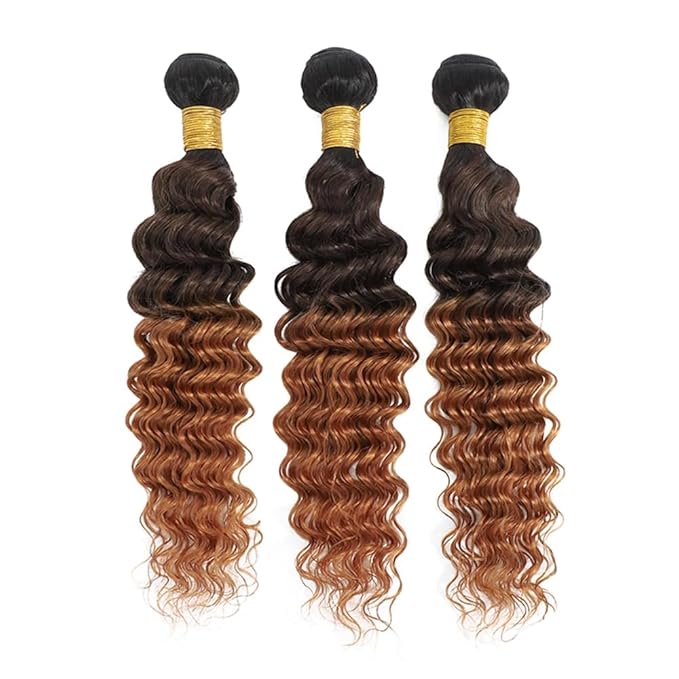 Omber Brown Bundles Human Hair #4 Deep Wave Bundles 16 18 20 inch 3 Tone Black Roots to Brown Bundle