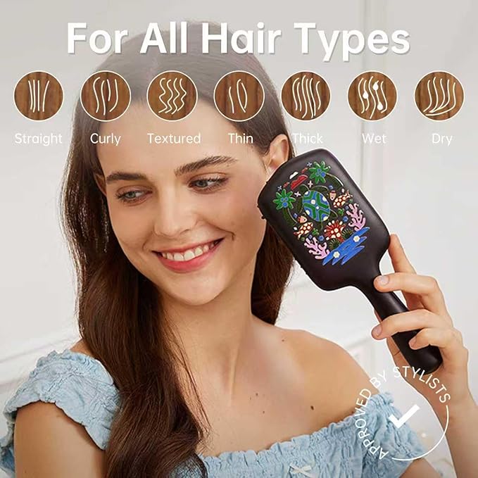 Simetra Wooden Paddle Hair Brush for Women & Men, Solid Wood Teeth for Scalp Massage, Detangling Brush for Wet & Curly Hair (Turtle Pattern)