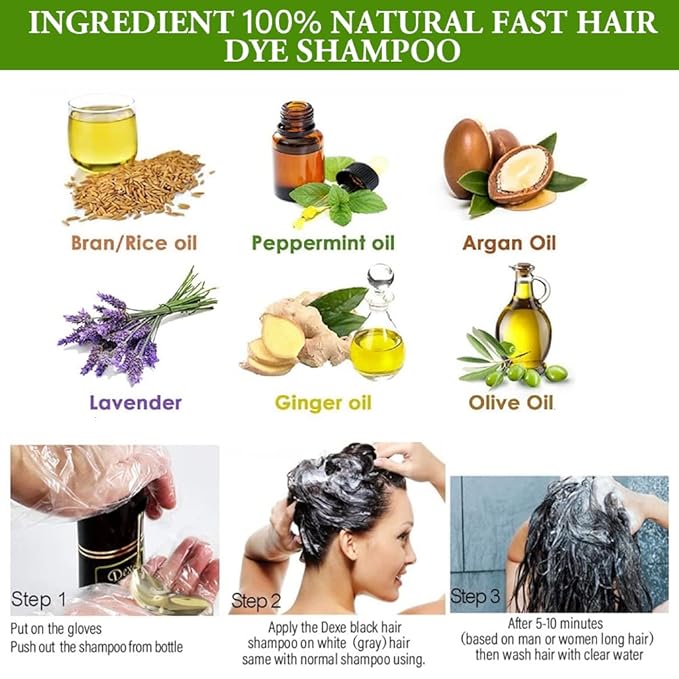 Instant Black Botanical Hair Shampoo - Gentle Ammonia-Free Unisex Formula, 3-in-1 for 100% White Coverage, Lasts 30 Days (Black)