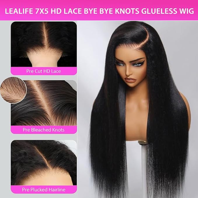 22 Inch Straight Glueless Pre Plucked Pre Cut 7X5 HD Lace Pre Bleached Knots Wigs Human Hair,Wear and Go Lace Front Wig with Natural Hairline Baby Hair for Black Women 200% Density