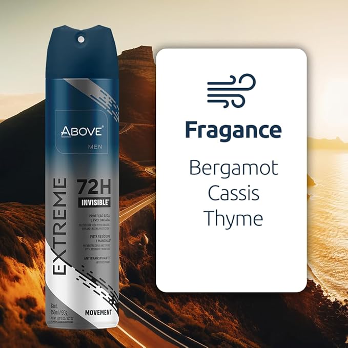 ABOVE Extreme Men Movement - 72H Antiperspirant Spray Deodorant for Men 5.07 Fl Oz | Aluminum-Free | Fresh Mist, No Stain & Alcohol, Long-Lasting Men's Deodorant Spray | Bergamot, Cassis, Thyme