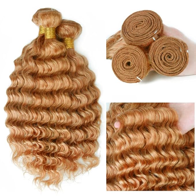 30 32 34 Inch Blonde Bundles Human Hair #27 Honey Blonde Deep Wave 3 Bundle Unprocessed Brazilian virgin hair Weave Extensions Double Weft 50 Grams/Bundle Colored Blonde Bundles for Woman