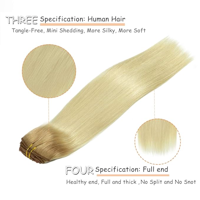 Caliee 14 Inch Human Hair Extensions Clip in Color R12/60 Ombre Light Golden Brown Roots to Platinum Blonde Silky Straight Natural Clip in Hair Extensions Remy Hair 120G 7Pcs for Full Head