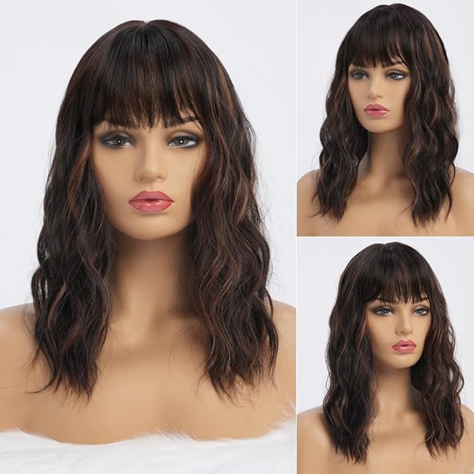 Dark Brown Wigs with Highlights for Women Synthetic 16 inch Medium Length Wigs with Bangs Natural Long Wavy Fringe wig Heat Resistant Hair for Daily Party Use (16 inch)
