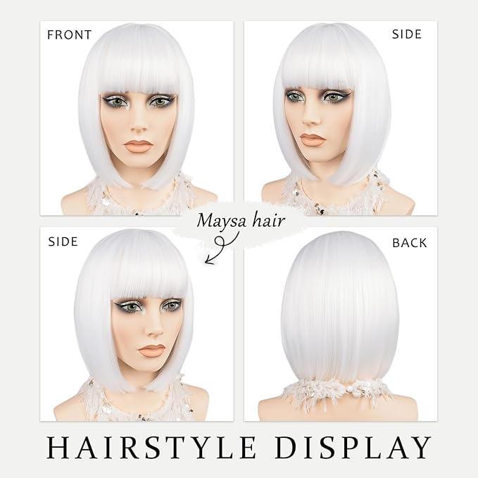 MAYSA White Bob Wig with Bangs Short Straight Bob Wigs 12in Synthetic Cosplay Daily Party Colorful Wigs for White Women # White