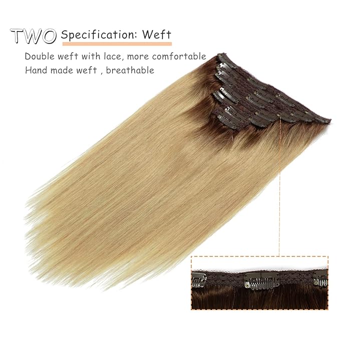 Caliee Clip in Hair Extensions Real Human Hair Color R4-18 Chocolate Brown Fading to Dirty Blonde Hair Extensions Clip in Human Hair Straight Thick Natural 16 Inch 120 Gram