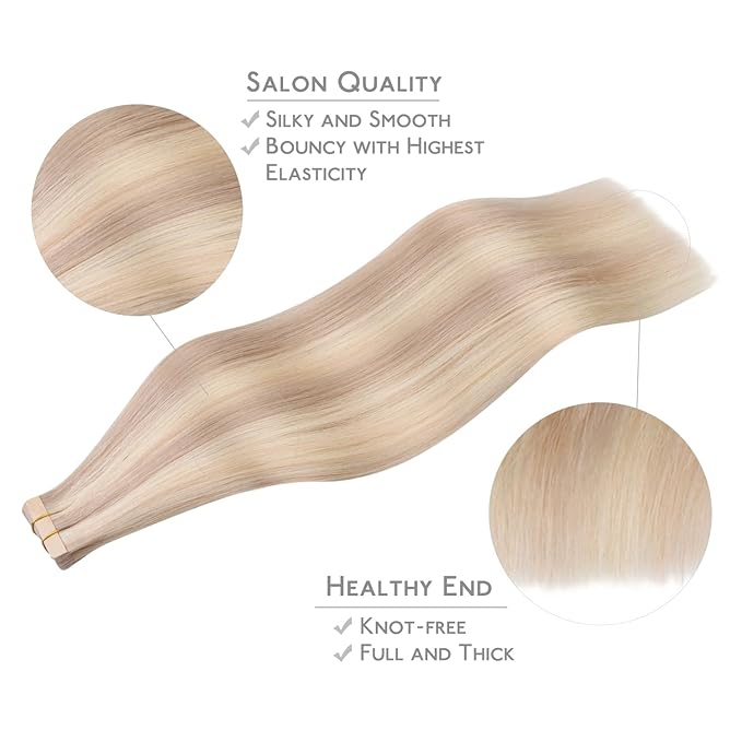 WENNALIFE Tape in Hair Extensions Human Hair, 20pcs 50g 22 inch Balayage Light Wheat Platinum Blonde Remy Hair Extensions Straight Human Hair Tape in Extensions Skin Weft Tape Extensions Human Hair