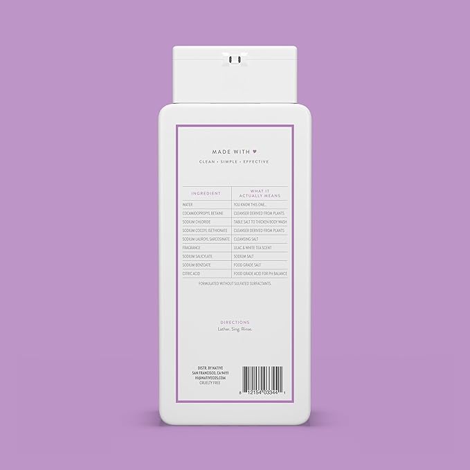 Native Body Wash Contains Naturally Derived Ingredients | For Women & Men, Sulfate, Paraben, & Dye Free Leaving Skin Soft and Hydrating | Lilac & White Tea 18 oz