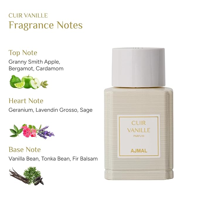 Ajmal Cuir Vanille Eau de Parfum for Men – 3.4 fl oz / 100 ml | Luxuary Vanilla Perfume | Long Lasting French Blend with Leather, Amber & Musk | | Made in France | Crafted in Dubai | Exclusive for USA