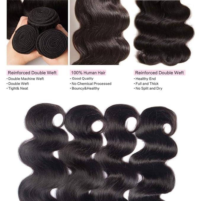 Body Wave 3 Bundles with Closure 100% Unprocessed Brazilian Body Wave Human Hair Weave with 4x4 Free Part Lace Closure Natural Color (22 24 26+20, Bundles with Closure)