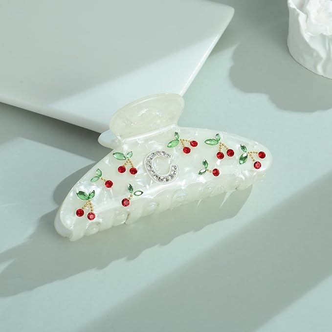 LILIE&WHITE Christmas Gift Acrylic Cherry Letter Hair Clips For Women With RhinestonesInitial Hair Claws For Thick Hairs Trendy Monogram Large Clips Fashion Big Claw Clip Jewelry Gift Alphabet C