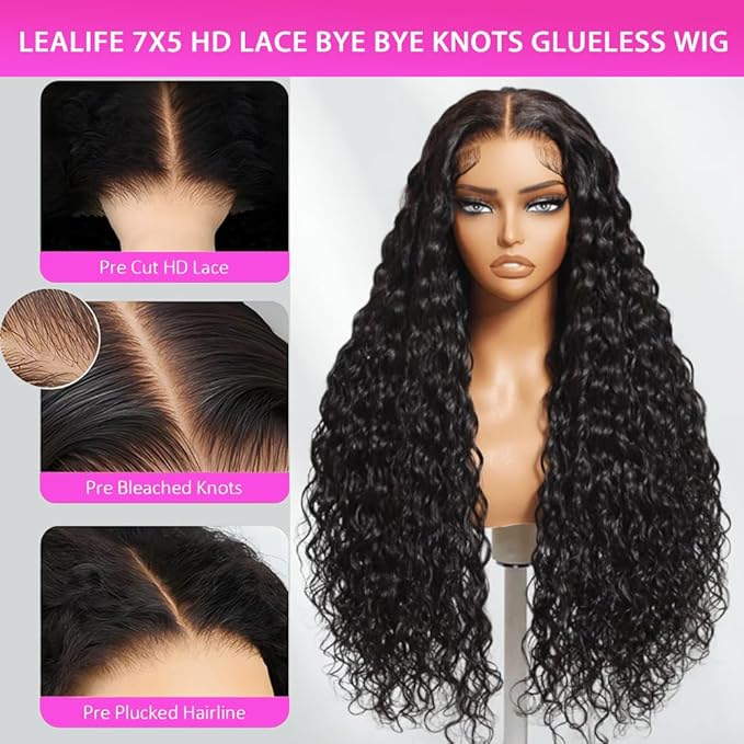30 Inch 7X5 HD Lace Pre Bleached Knots Glueless Wigs Human Hair Pre Plucked Pre Cut, Wear and Go Water Wave Curly Lace Front Wig with Natural Hairline Baby Hair for Women Natural Black 200% Density
