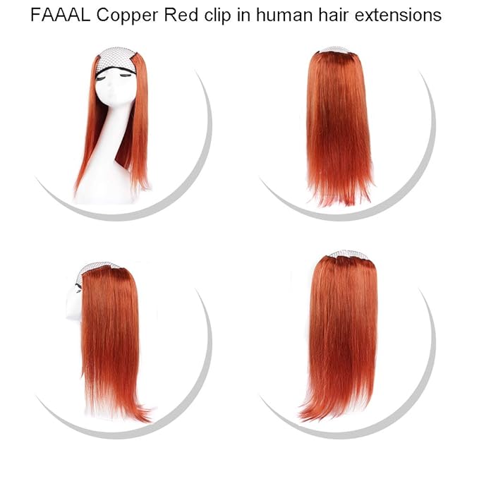 16" Clip in Human Hair Extensions Full Head 130g 7 Pieces 16 Clips Copper Red Double Weft Brazilian Real Remy Hair Extensions Thick Straight Silky (16" 130g, #350)