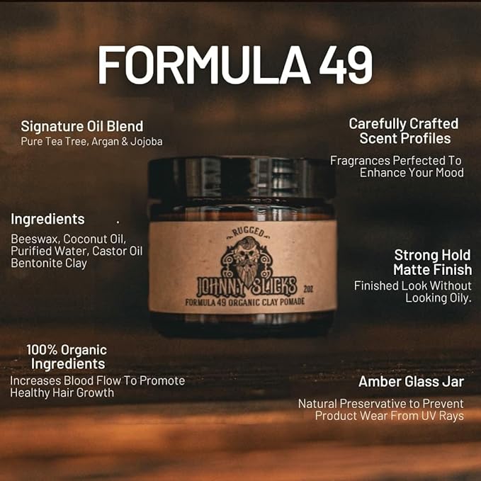 Johnny Slicks Formula 49 Clay All Organic Pomade | Firm Hold & Matte Finish (Promotes Healthy Hair Growth, Helps Hydrate Dry Skin), Rugged 2-ounce