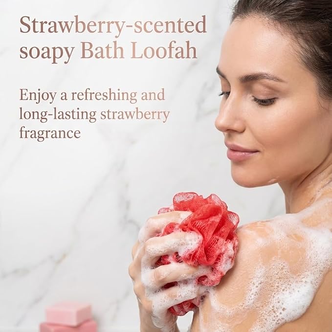 Bath Shower Loofah with Strawberry-Scented Soap – Soft & Exfoliating Body Scrubber, Soap-Infused Loofah, Luxurious Spa Experience, Durable (Red - Strawberry, Medium (Pack of 1))