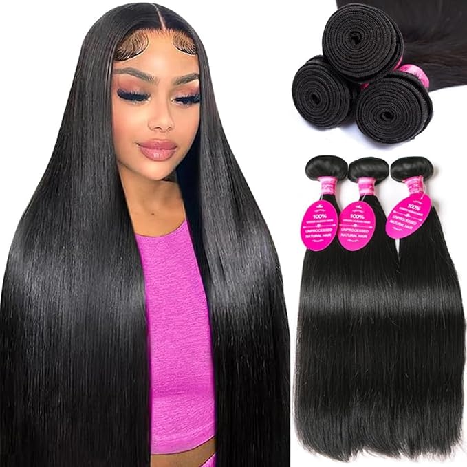 12A Straight Human Hair Bundles Unprocessed Brazilian Virgin Weave 3 Bundles 20 22 24 Inch Human Hair Extensions Double Weft Straight Wig Full And Thick Natural Color