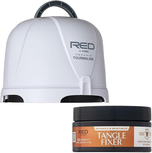Red by Kiss 3000 Ceramic Tourmaline Professional Hood Dryer + Tangle Fixer with Honey & Keratin – Sulfate Free Intensive Detangler, Adjustable Height, Frizz Control, Shine Boost, Mango Peach Scent