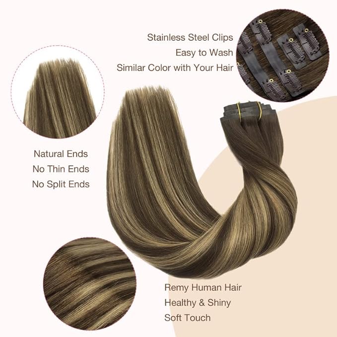 GOO GOO Clip in Hair Extensions Real Human Hair, Remy Human Hair Extensions Clip ins for Women, Natural Human Hair, 16inch 110g 7Pcs, 4/27/4 Balayage Chocolate Brown to Caramel Blonde