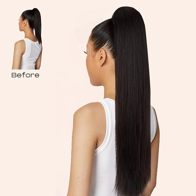 SEIKEA 28" Ponytail Extensions Drawstring Long Straight Fake Pony Tail Natural Soft Clip in Hair Extension Synthetic Heat Resistant Hairpiece - Dark Chocolate Brown