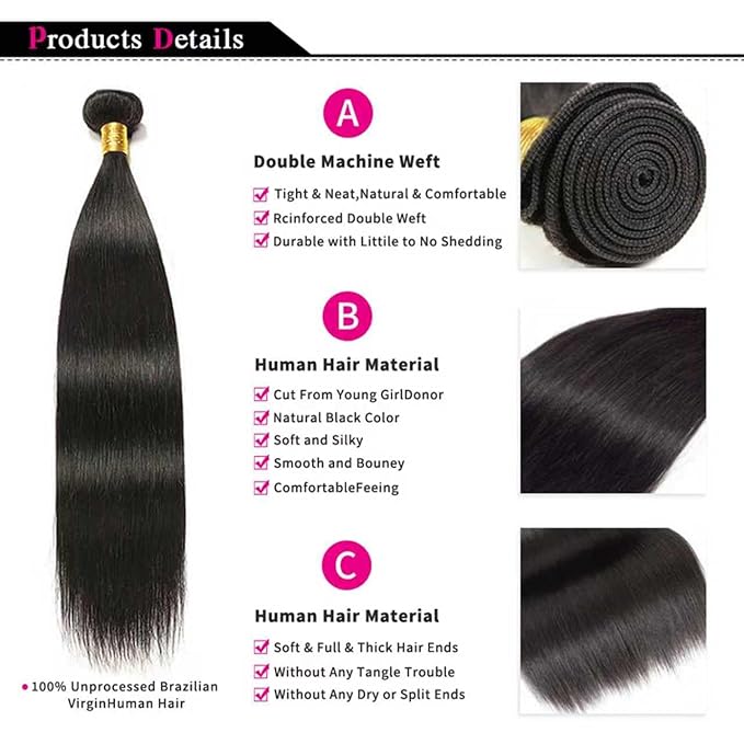 Straight Bundles Human Hair 28 28 30 30 Inch 100% Unprocessed Brazilian Virgin Hair 4 Bundles Hair Extension for Black Women Natural Color